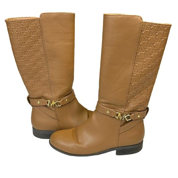 Michael Kors Finley Drake Brown Faux Leather Knee High Logo Riding Boot Girl’s 2 - Picture 2 of 7